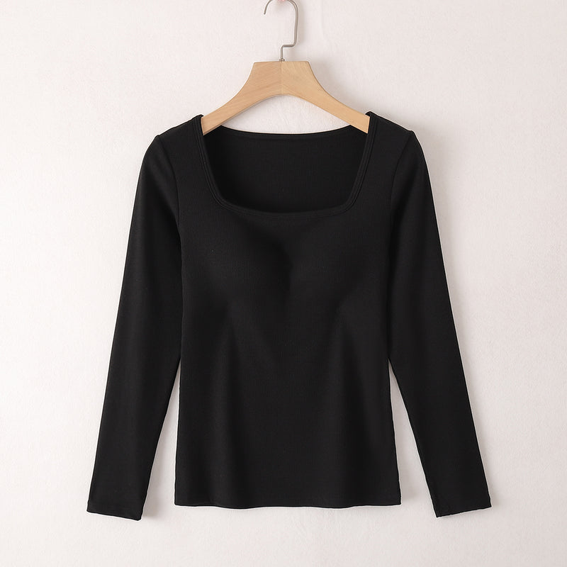 Square Neck Ribbed Built-in-Bra Long Sleeve Top | 6 Colors