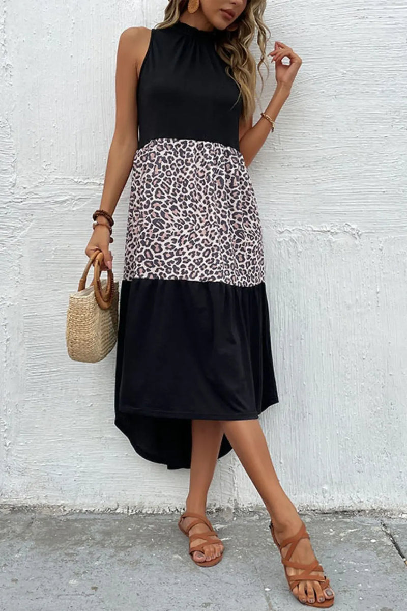 Leopard Contrast Hi-Low Hem Dress