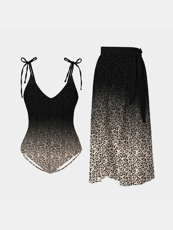 Leopard Gradient Swimsuit and Skirt Set