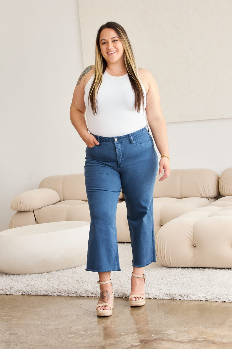 Tummy Control Wide Leg Cropped Jeans - Blue Slate