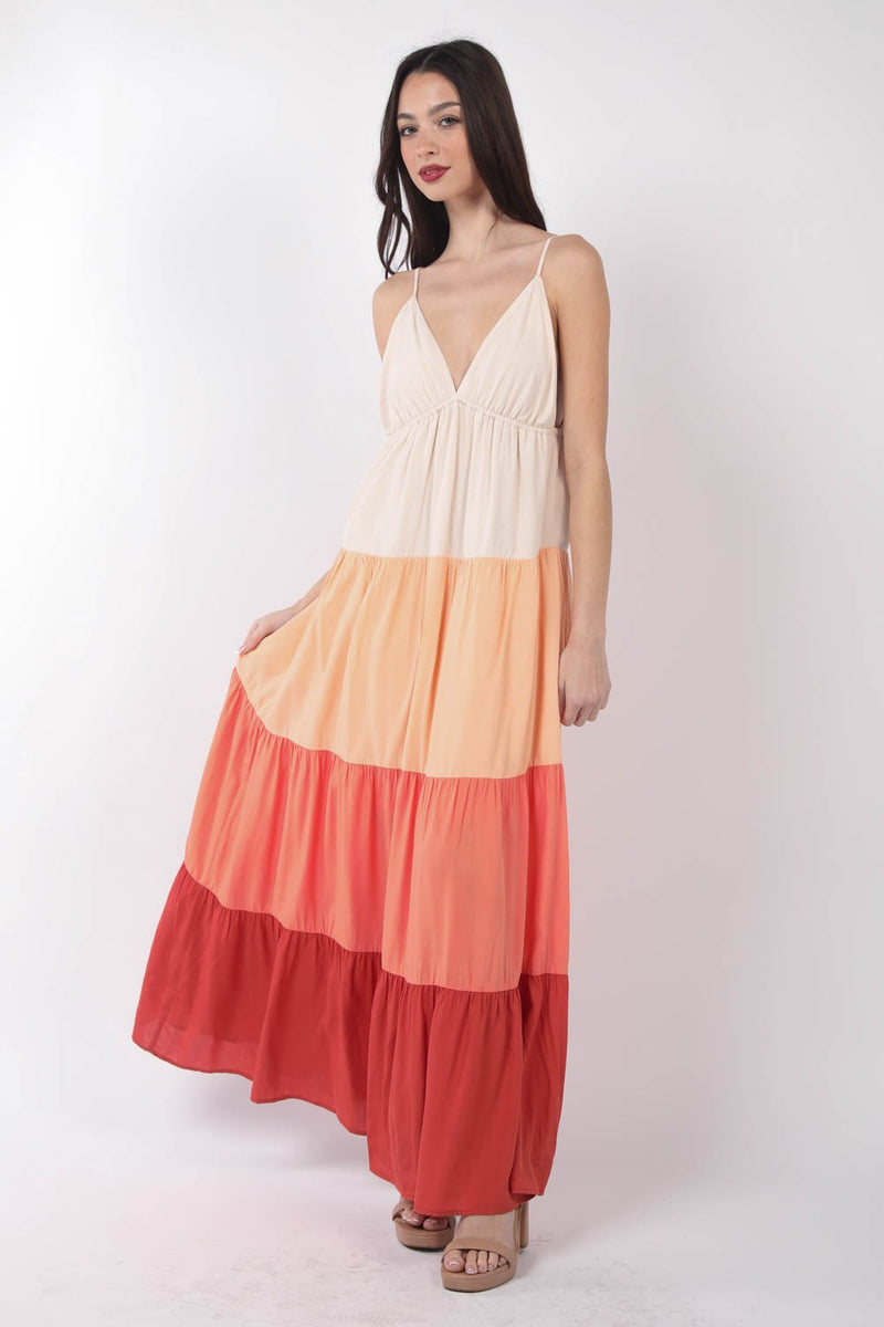 Sunset Color Block Tied Back Maxi Dress