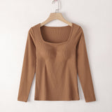 Square Neck Ribbed Built-in-Bra Long Sleeve Top | 6 Colors