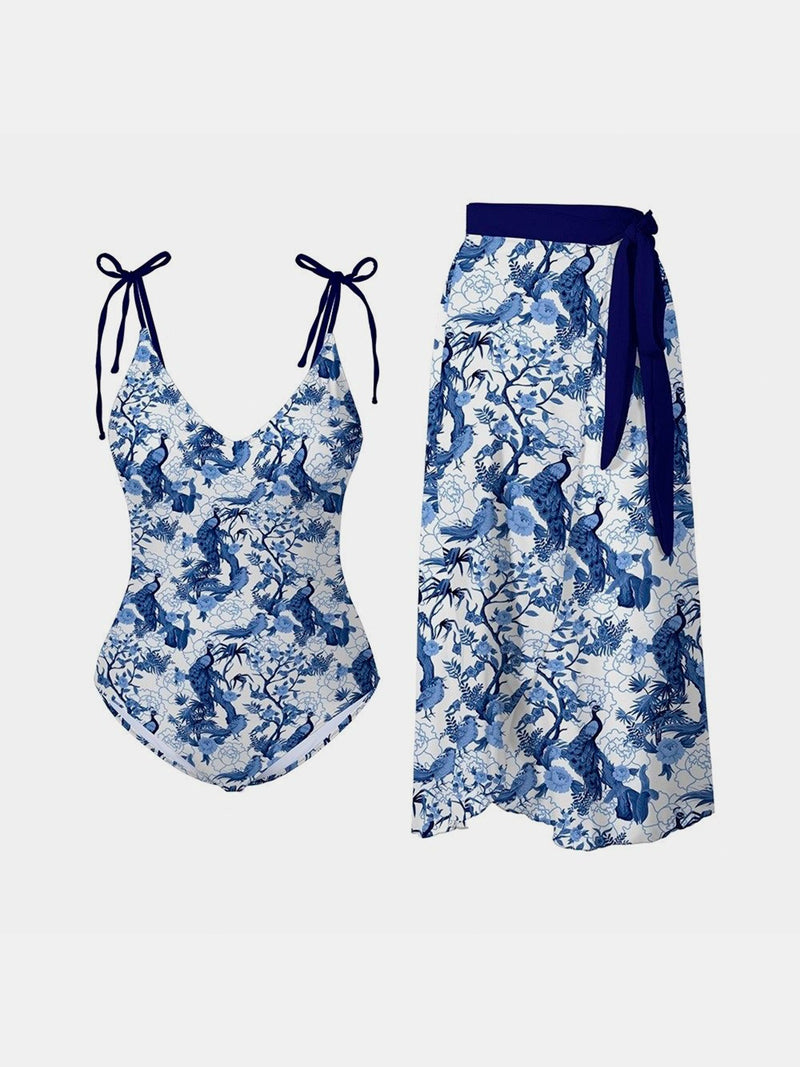 Blue Beauty Tie Strap Swimsuit and Skirt Set