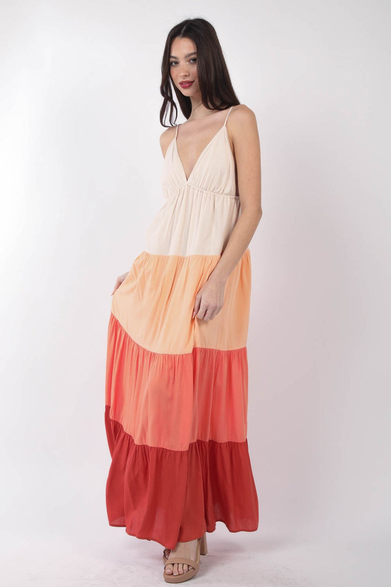 Sunset Color Block Tied Back Maxi Dress