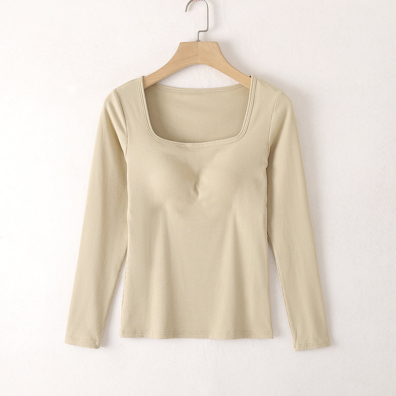 Square Neck Ribbed Built-in-Bra Long Sleeve Top | 6 Colors