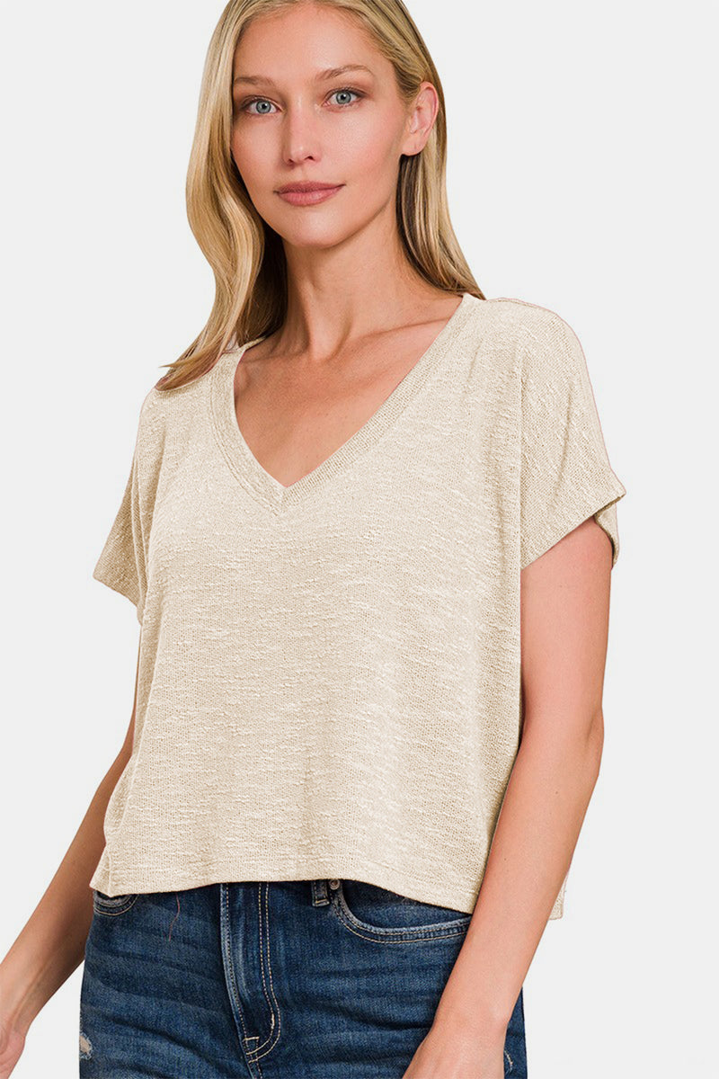 White Sand Burnout Knit V-Neck Top