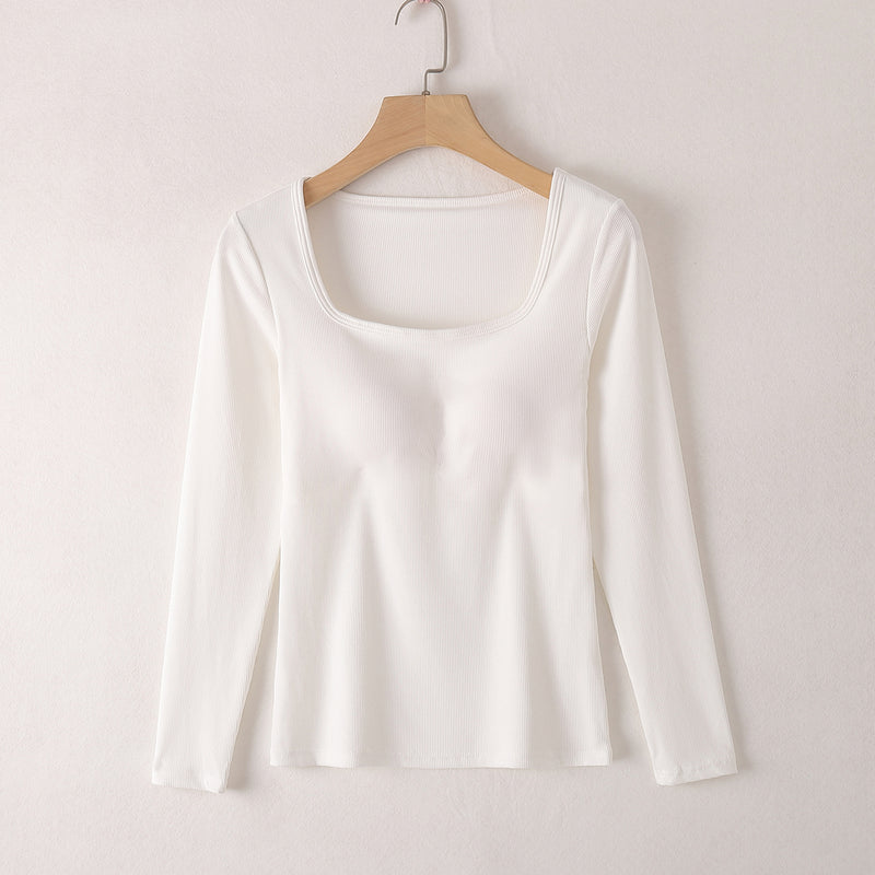 Square Neck Ribbed Built-in-Bra Long Sleeve Top | 6 Colors