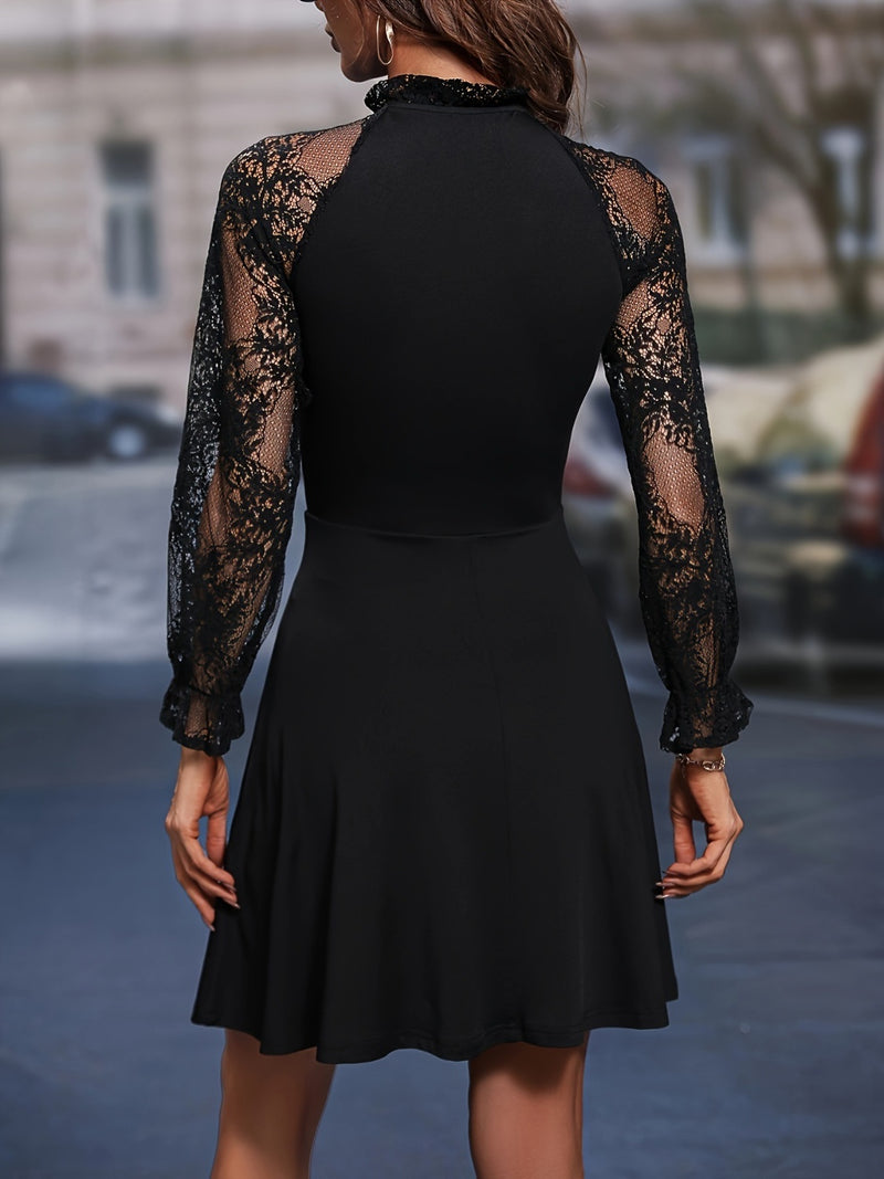 City Life Lace Tie Neck Flounce Sleeve Dress