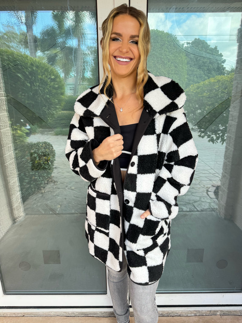 Trendy Checkered Button Down Pocketed Coat