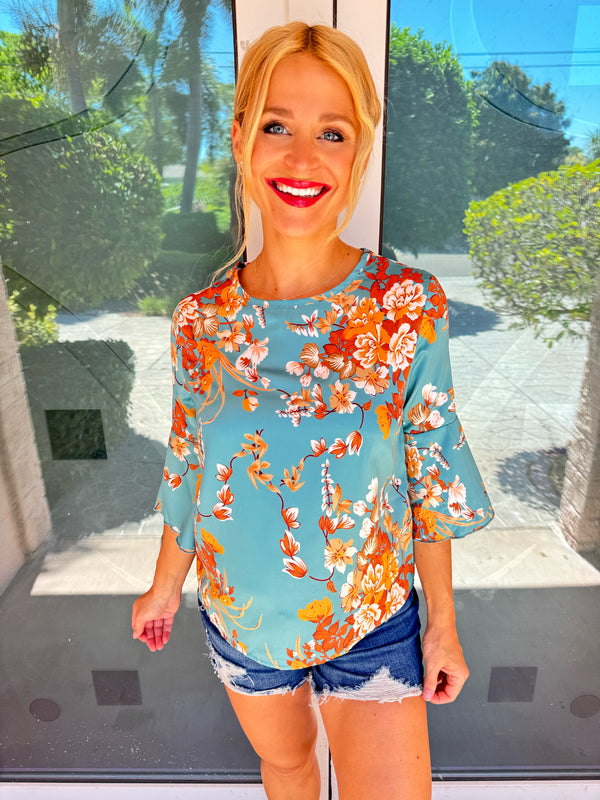 Teal Floral Half Sleeve Blouse