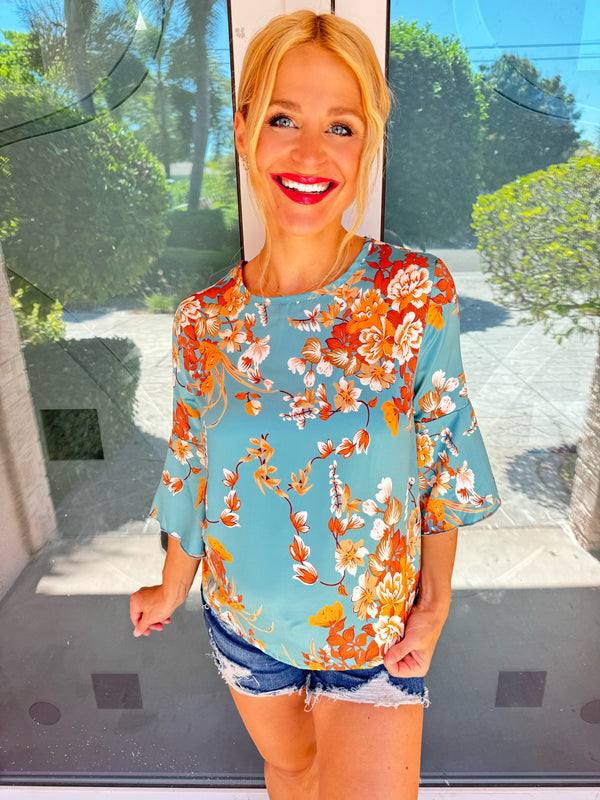 Teal Floral Half Sleeve Blouse