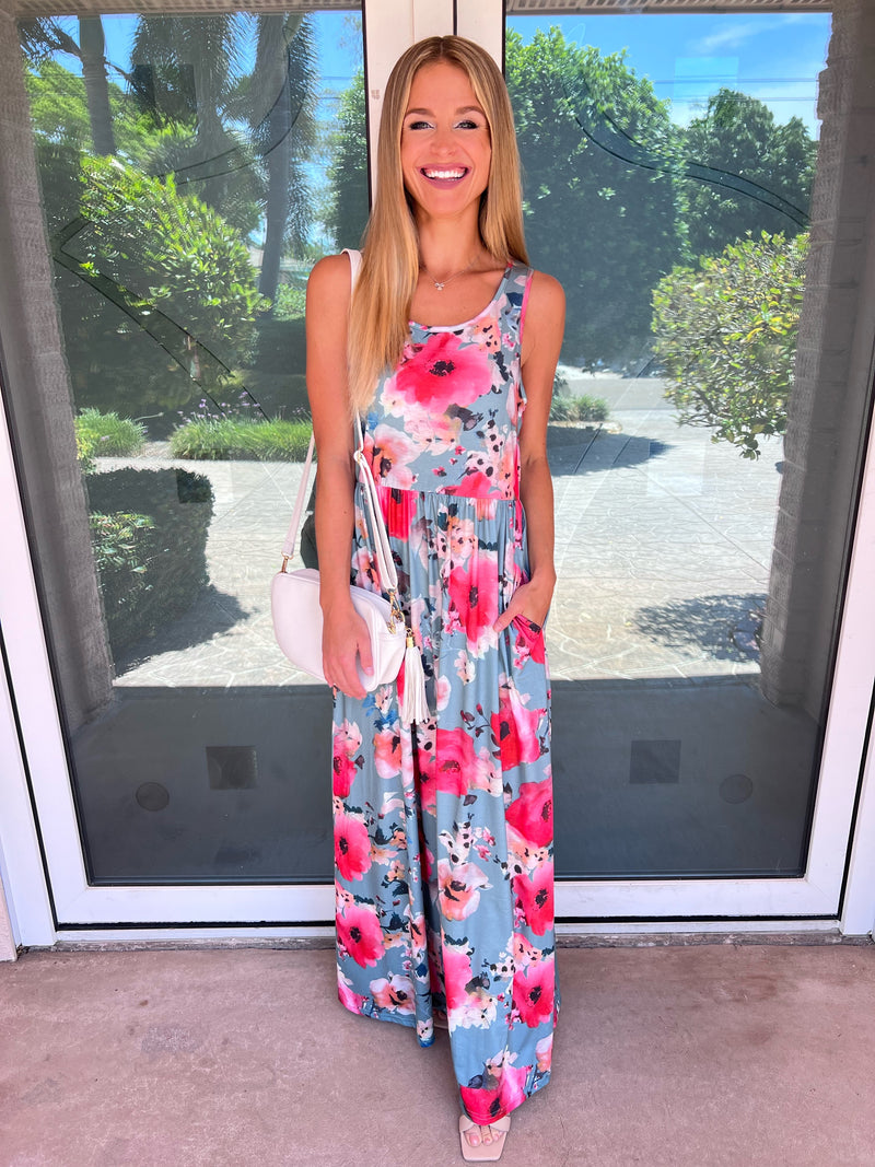 Tiffany Blue Beachy Floral Pocketed Maxi Dress