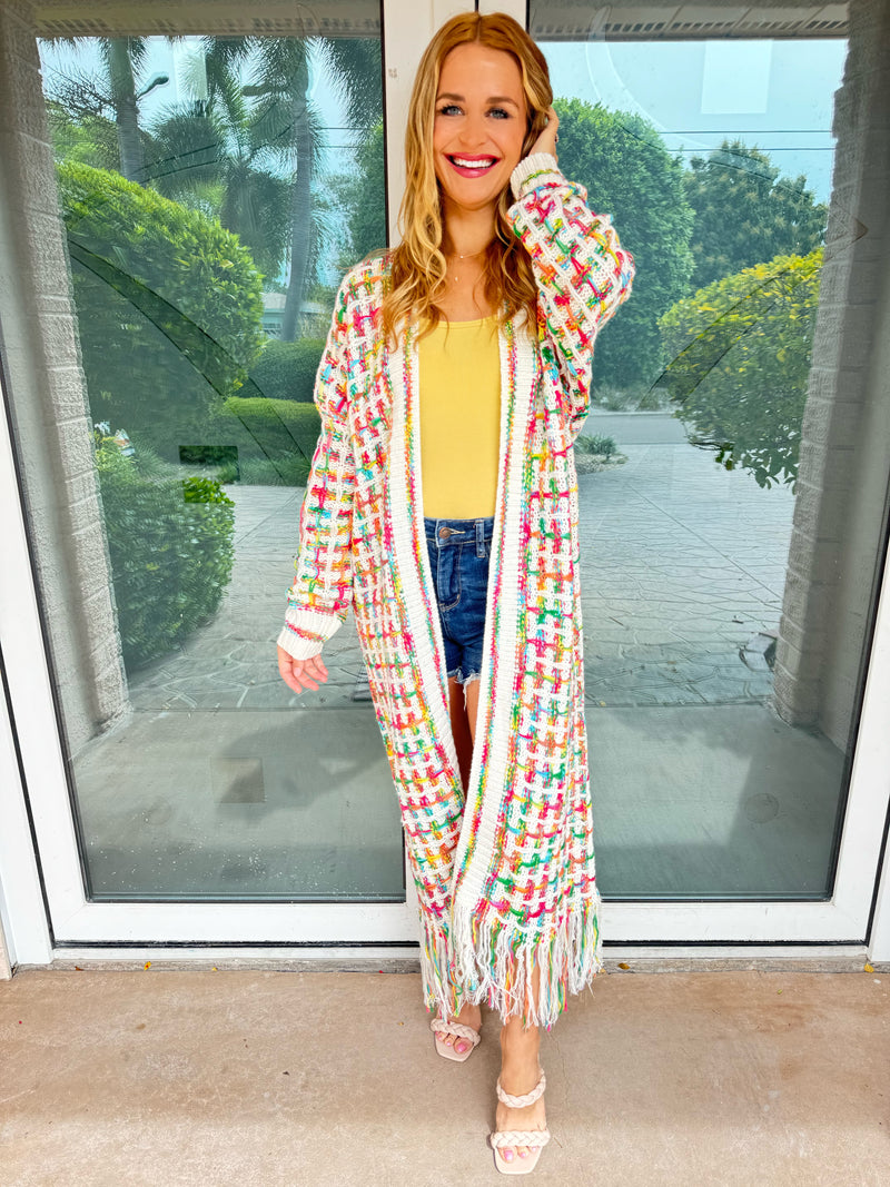 Boho Multicolor Fringe Hem Longline Cardigan