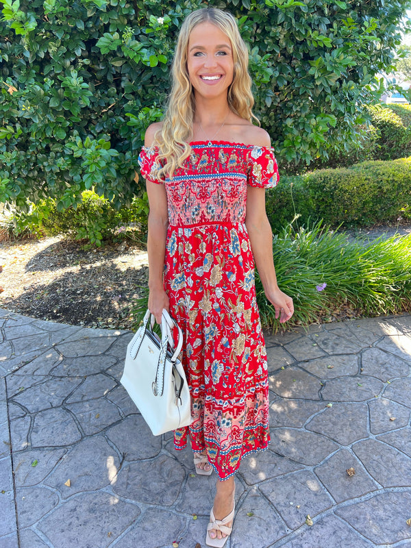 Bombshell Floral Fusion Smocked Midi Dress