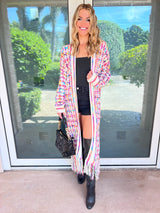 Boho Multicolor Fringe Hem Longline Cardigan