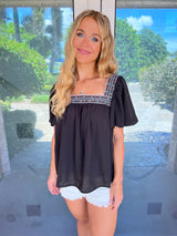 Ravalli Boho Embroidered Contrast Square Neck Blouse