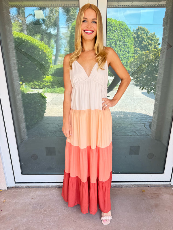 Sunset Color Block Tied Back Maxi Dress