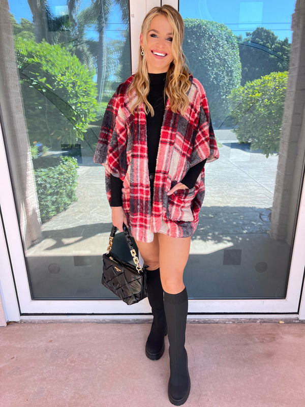 Plush Plaid Hooded Pocket Coat-Vest