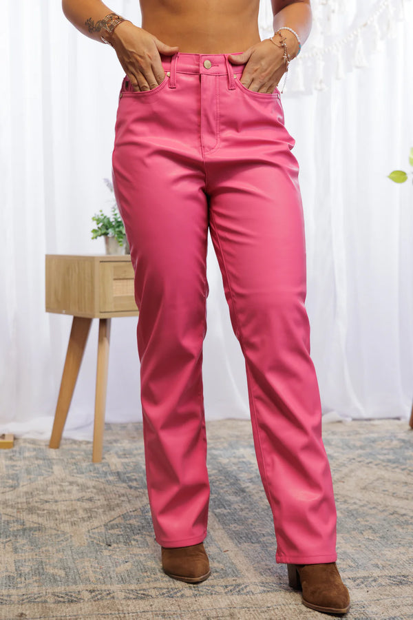 Judy Blue Pink Vegan Leather Tummy Control Jeans