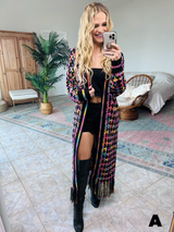 Boho Multicolor Fringe Hem Longline Cardigan