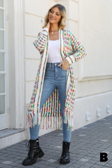 Boho Multicolor Fringe Hem Longline Cardigan