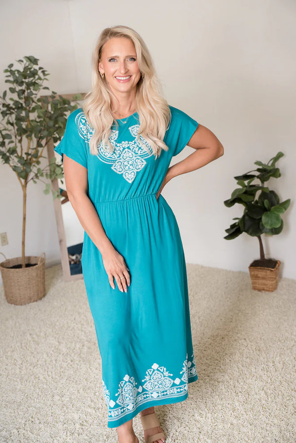 Jade Damask Boho Pocketed Dress