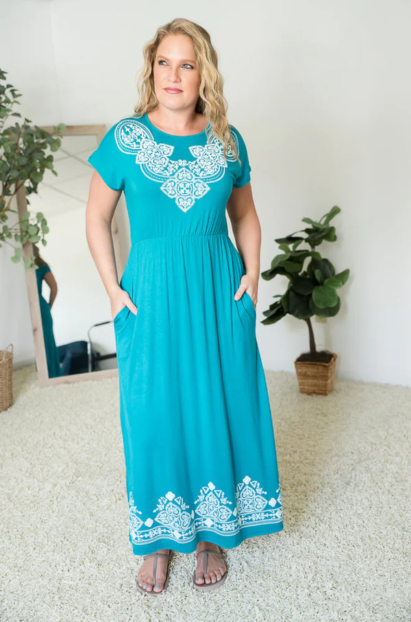 Jade Damask Boho Pocketed Dress