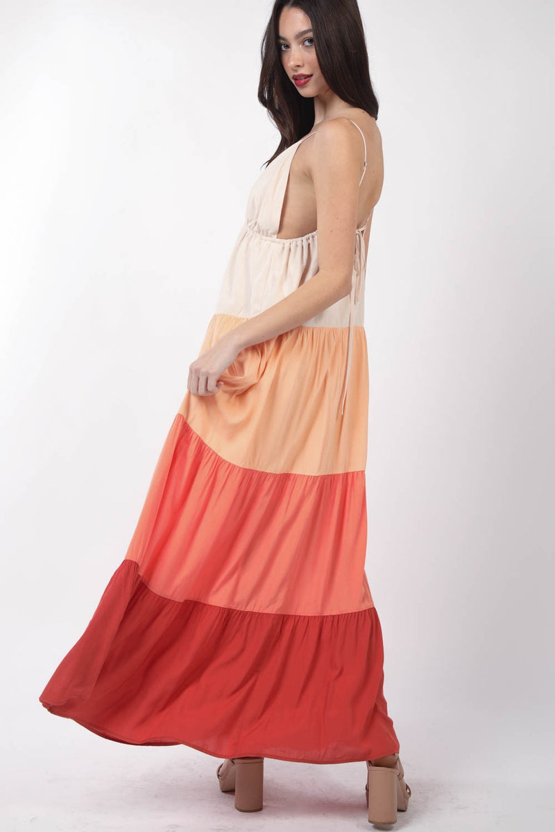 Sunset Color Block Tied Back Maxi Dress