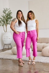 French Fuchsia Tummy Control Wide Leg Cropped Jeans