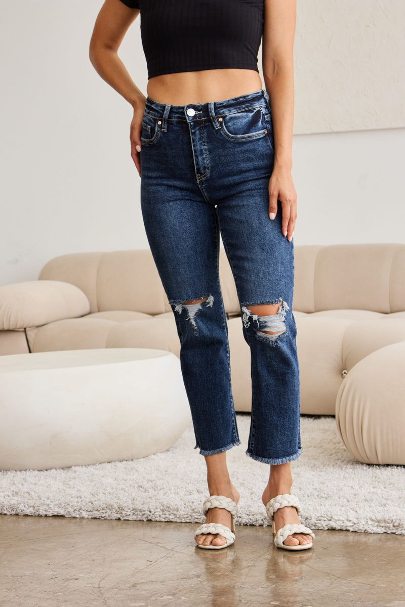 Tummy Control Dark Distressed Jeans - RFM