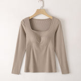 Square Neck Ribbed Built-in-Bra Long Sleeve Top | 6 Colors