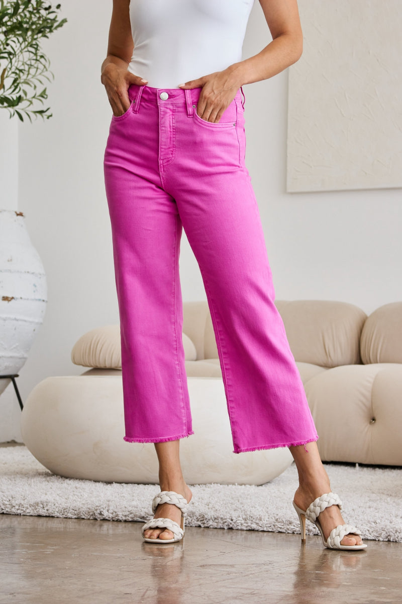 French Fuchsia Tummy Control Wide Leg Cropped Jeans