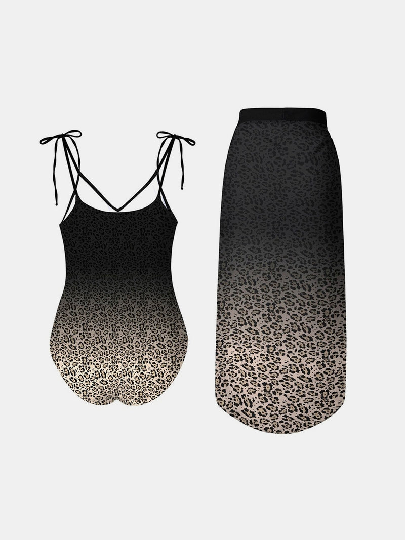 Leopard Gradient Swimsuit and Skirt Set