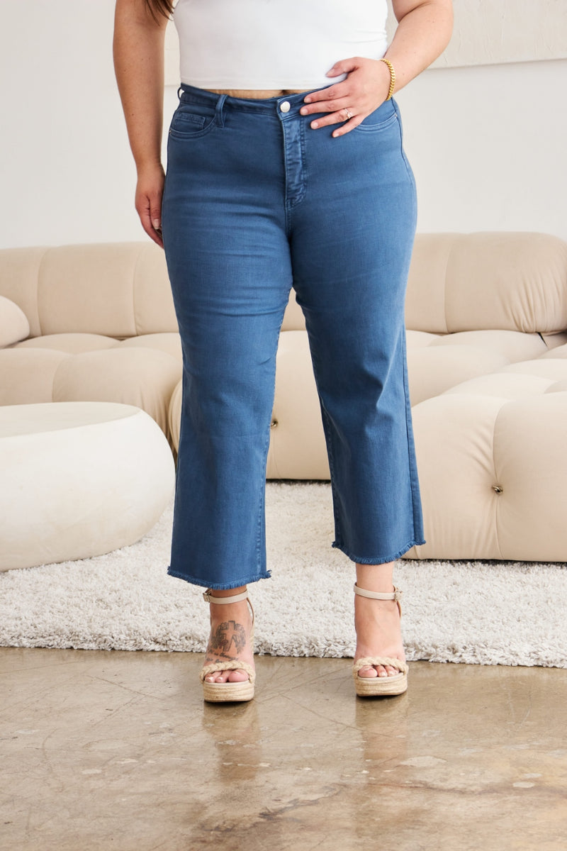 Tummy Control Wide Leg Cropped Jeans - Blue Slate