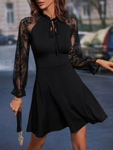 City Life Lace Tie Neck Flounce Sleeve Dress