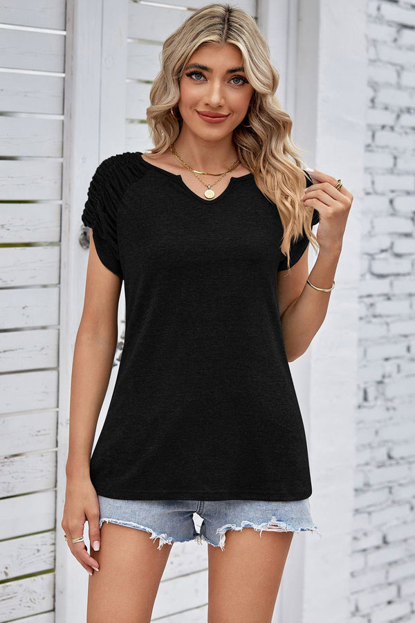 Ruched Notched Short Sleeve T-Shirt - 4 Colors