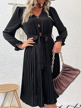 Classy Belted Puff Sleeve Pleated Dress