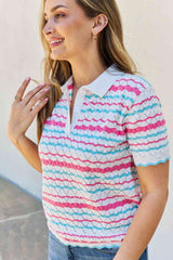 Petal Dew Quarter Button Knit Top in White Multi