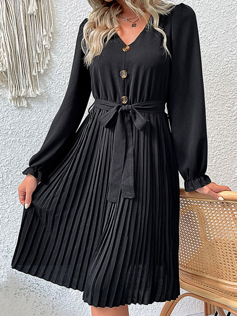 Classy Belted Puff Sleeve Pleated Dress