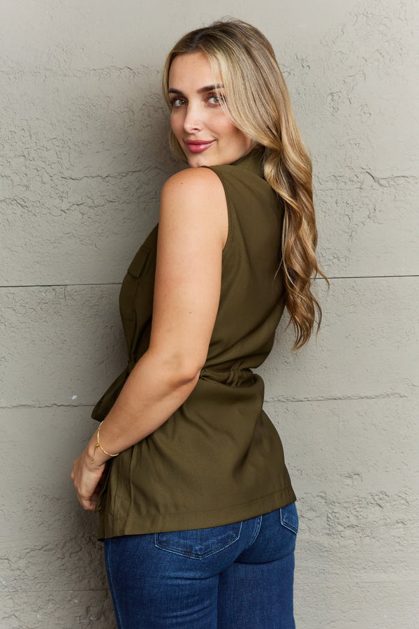 SALE! Utility Drawstring Collared Button Down Top in Army Green