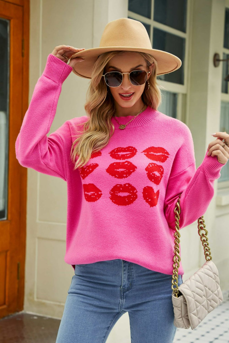 5 Colors | Lip Graphic Slit Dropped Shoulder Sweater