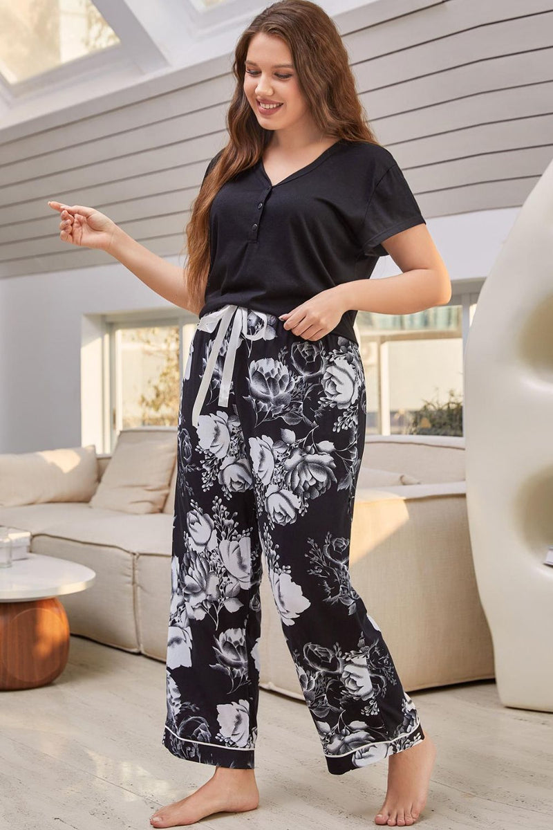 Buttoned Top and Floral Pants Lounge / Pajama Set