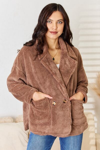 Double Breasted Fuzzy Soft Pocket Coat