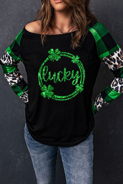 LUCKY Plaid Mixed Clover Graphic Top