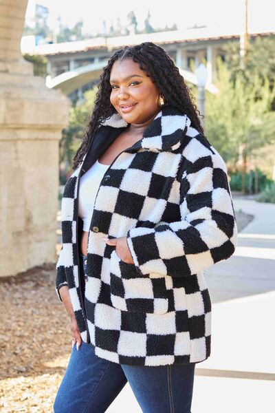 Trendy Checkered Button Down Pocketed Coat