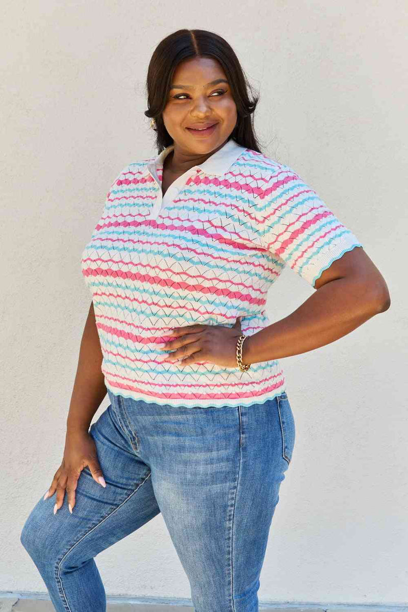 Petal Dew Quarter Button Knit Top in White Multi