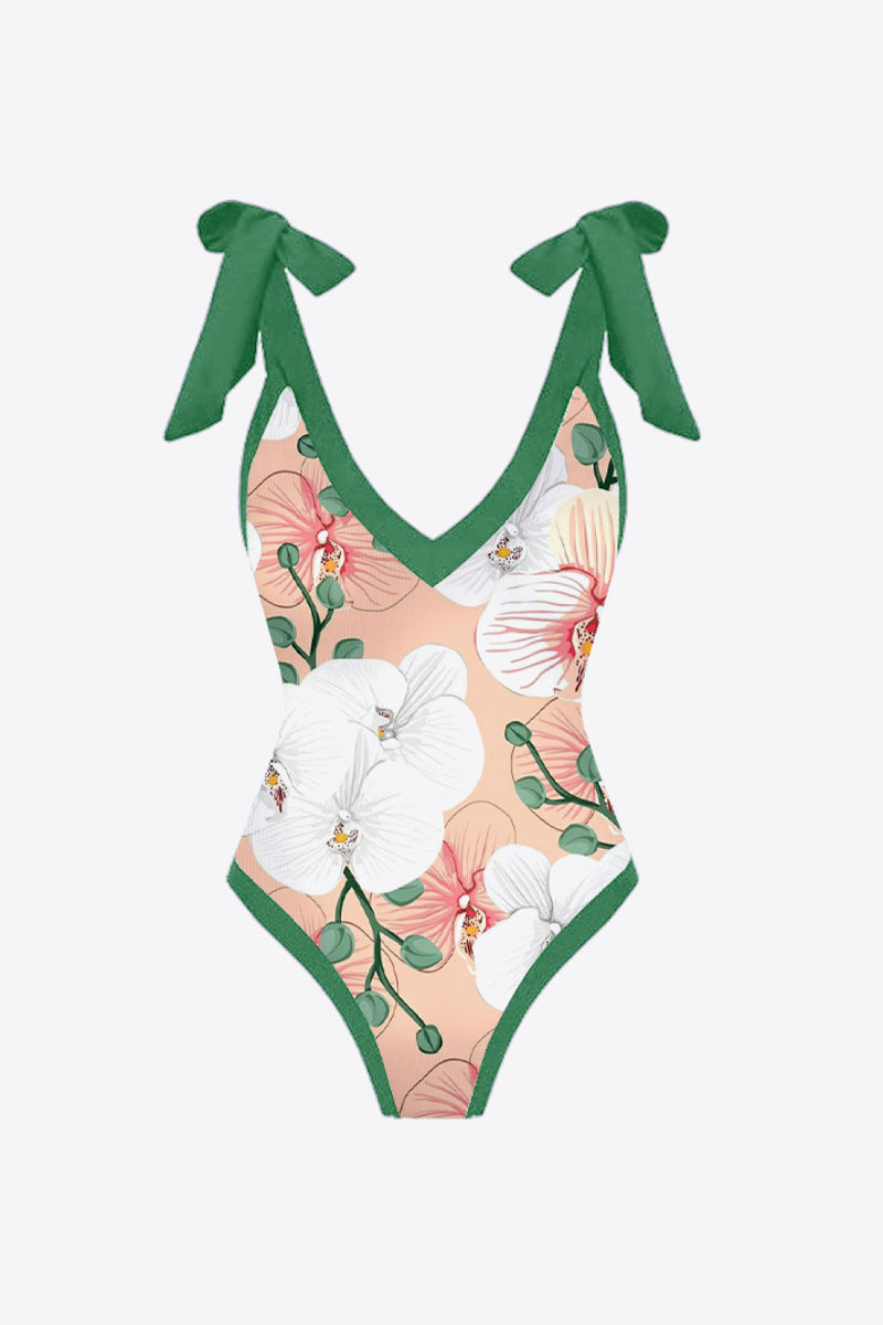 Green Floral One-Piece Swimsuit + Skirt Set