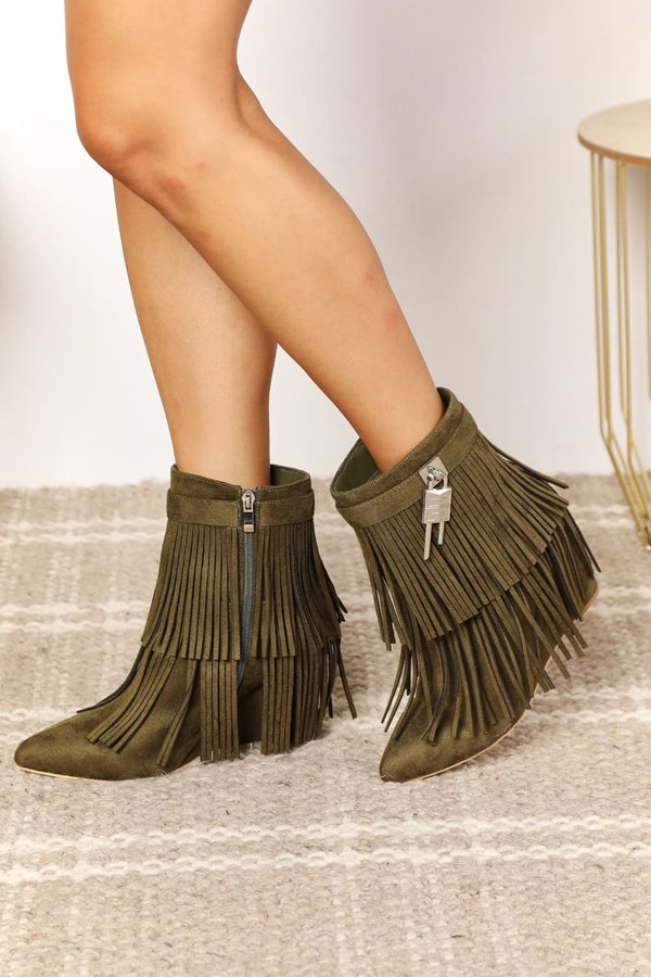 Tassel Wedge Heel Ankle Booties in Olive