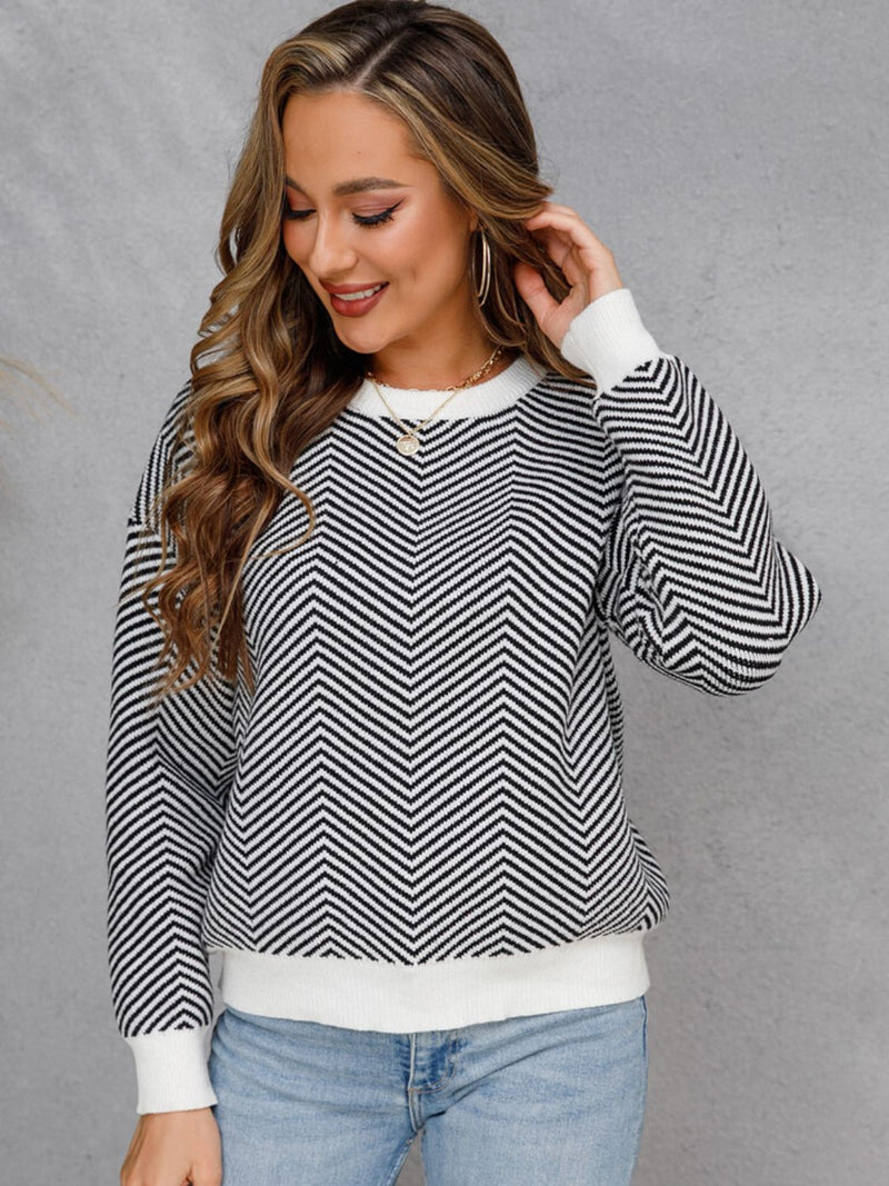 5 Colors | Chevron Ribbed Trim Dropped Shoulder Knit Pullover