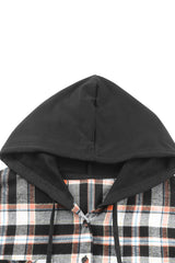 Plaid Contrast Drawstring Button Front Hoodie